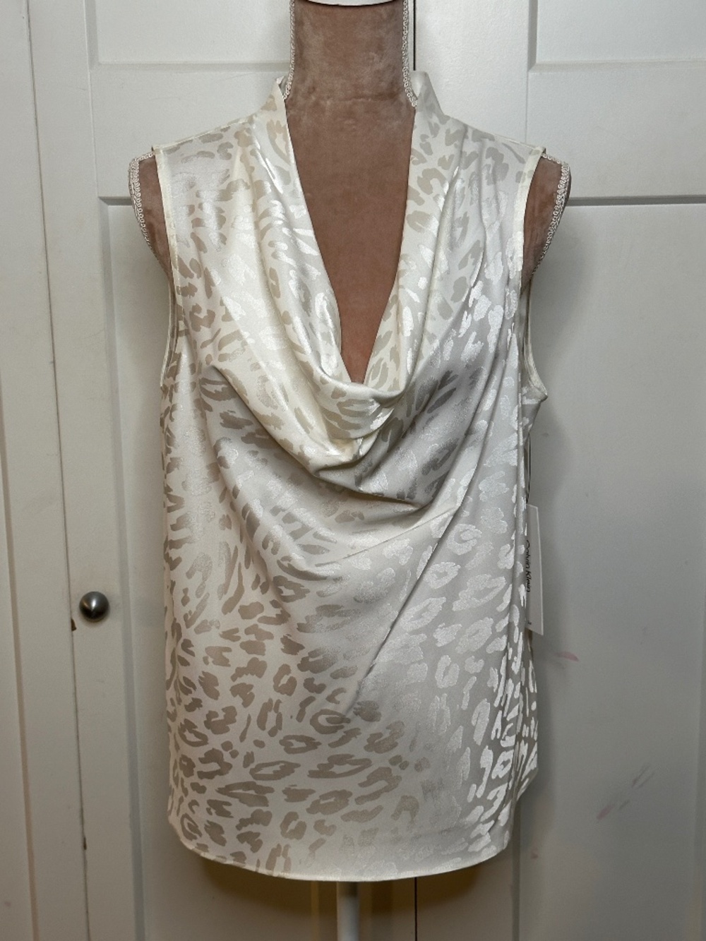 Calvin Klein Cowl Neck White Satin Leopard Print Sleeveless Blouse. Sz L, NWT